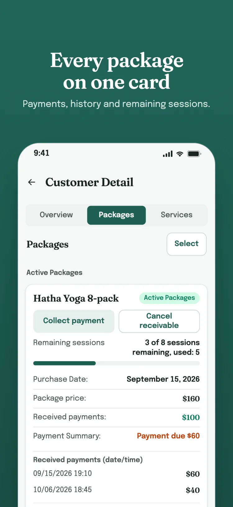 Every package on one card — package in customer detail: remaining sessions, received payments and usage history on one card.